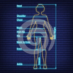 Female, male neon glow size chart anatomy human, people dummy front view side body silhouette isolated on wall background flat