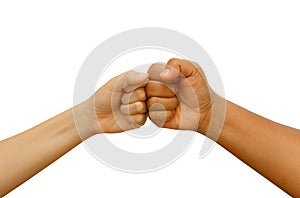 Female and male people giving a fist bump