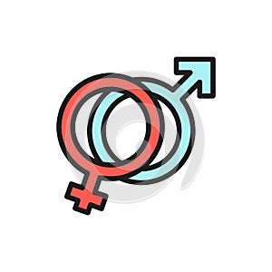 Female and male symbols, man and woman sign, gender flat color line icon.