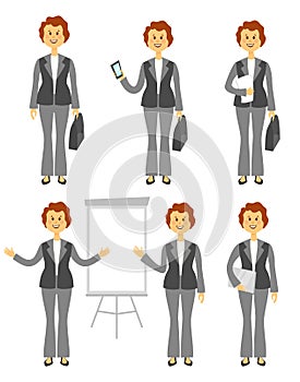 Female manager character or business woman set. Different poses isolated on white background. Woman in trousers. Cartoon