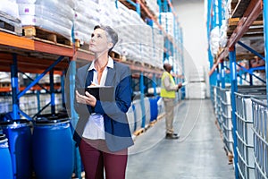 Female manager checking stocks on clipboard in warehouse