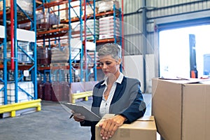 Female manager checking stocks on clipboard in warehouse