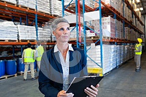 Female manager checking stocks on clipboard in warehouse