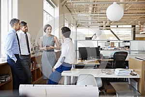 Female manager and colleagues talking in an open plan office