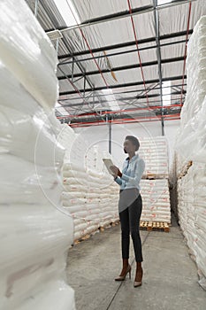 Female manager with digital tablet checking stocks in warehouse