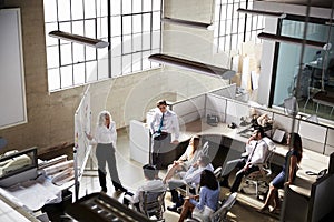 Female manager using whiteboard in a meeting, elevated view