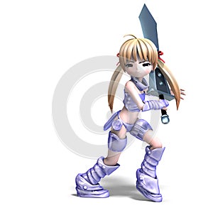 Female manga paladin with huge sword. 3D