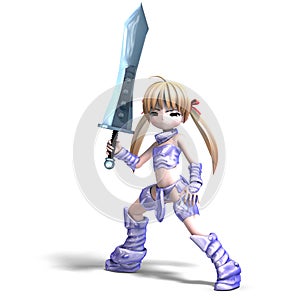 Female manga paladin with huge sword. 3D photo