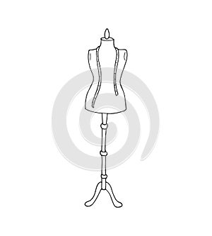 Female mannequin on a metal stand with measuring tape. Tailoring equipment. Hand-drawn vector illustration, isolated on a white