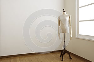 Female mannequin in white room.