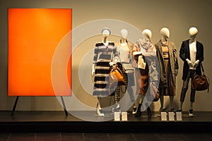 Female mannequins near red stand. Standing dummies in spring autumn or winter clothes