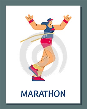 Female marathon runner cross the finish line, marathon race competition vector poster, cartoon athlete number 9 on white