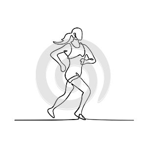 Female Marathon Runner Running Side View Continuous Line Drawing
