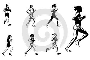Female marathon runners sketch illustration