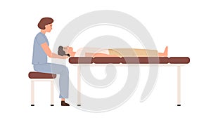Female massagist or osteopath massaging neck area to male client vector flat illustration. Woman doctor or photo