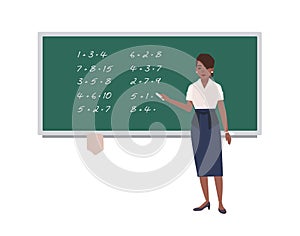 Female math teacher writing mathematical expressions on green chalkboard. Happy african american woman teaching