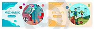 Female mechanic in auto repair service. Women career diversity concept vector illustration. Female soldier in army