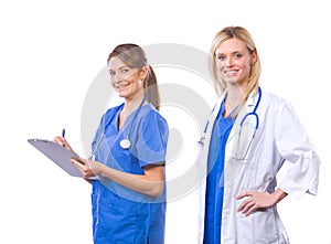 Female medical team isolated on white