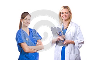 Female medical team isolated on white