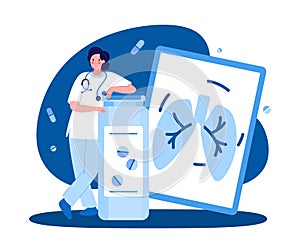 A female medical worker. Pulmonologist with a tablet. The concept of medicine and health. Vector illustration in a flat