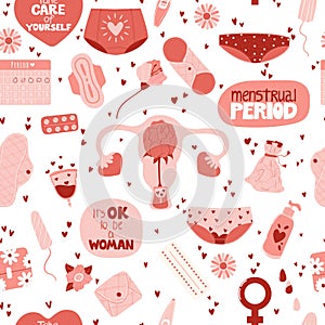 Female menstruation period. Zero waste objects. Hand drawn vector seamless pattern in flat cartoon style