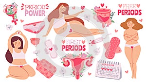 Female menstruation. Women with period and hygiene product tampon, sanitary pads and menstrual cup. Cartoon womb with