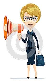Female messenger negotiator with a loudspeaker