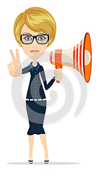 Female messenger negotiator with a loudspeaker