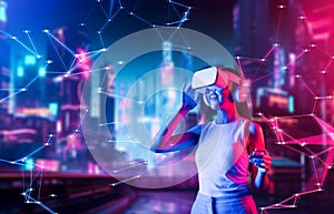 Female in metaverse touching goggle looking far virtual building. Hallucination.