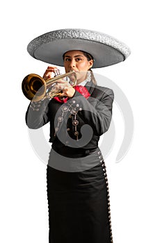 female mexican mariachi trumpetist woman smiling using a traditional mariachi girl suit on a pure white background. trumpet