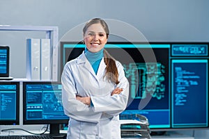 Female microelectronics engineer works in a scientific laboratory on computing systems and microprocessors. Professional