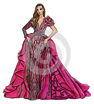 Female Model in an Asymmetrical Hot Pink Gown Fashion Illustration