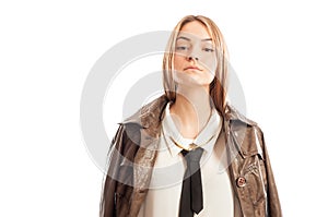 Female model with attitude wearing brown leather jacket