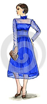 Female Model Blue Dress Fashion Illustration