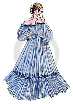 Female Model in a Blue Flowing Dress Fashion Illustration