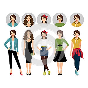 Female model in different style clothes