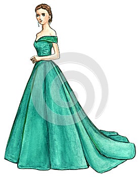 Female Model in an elegant formal Green Dress Fashion Illustration
