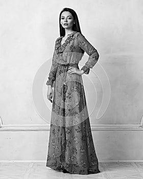 Female model in frilled chiffon dress