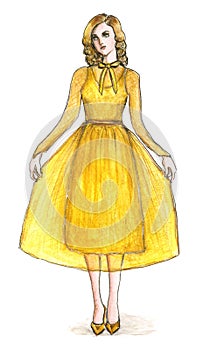 Female Model in a Yellow Dress Fashion Illustration