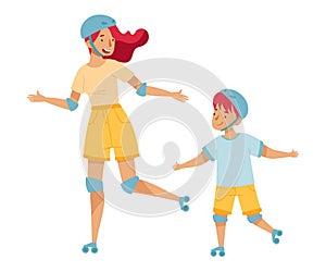 Female Mom with Her Little Son Wearing Helmet Roller Skating Vector Illustration