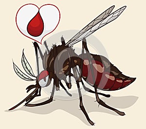 Female Mosquito with Love Blood Balloon, Vector Illustration