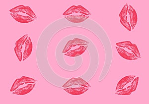 Female Mouth Lips Kiss Print on Pink Background. Romance. Romantic. Love. Vector Illustration