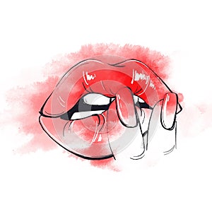 Female mouth with red lips and nails. Woman fingers on lip. Graphics and watercolor.