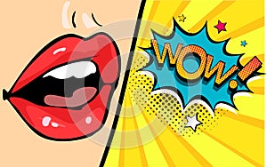 Female mouth with speech bubble wow. Vector illustration in pop art retro style.