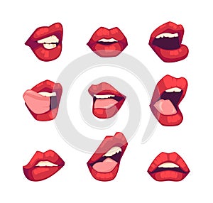 Female Mouths with Bright Red Lipstick Set. Woman Lips Pensive, Surprised, Sad Expressions Icons Set Vector Illustration