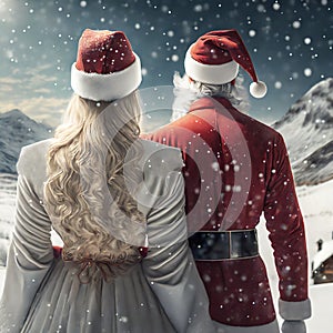 Female Mrs. Claus standing behind Santa Claus in snow winter landscape.