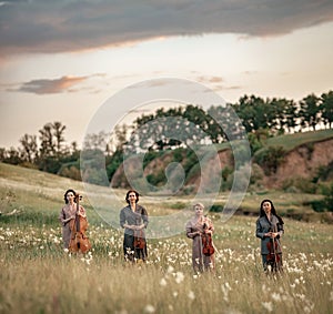 Female musical quartet with violins and cello stands on flowering meadow.
