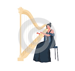 Female musician in dress playing harp, sitting on chair. Harpist performing classic melody on music string instrument