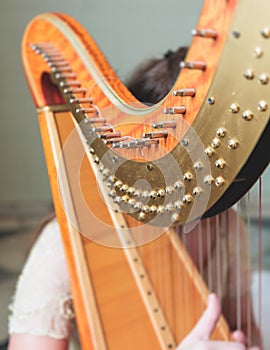 Female musician harpist playing wooden harp  during symphonic concert on a stage, with other musicians in the background, close up