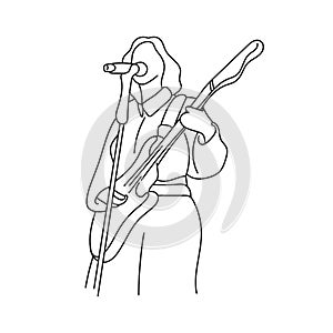 female musician playing electric guitar and singing illustration vector hand drawn isolated on white background